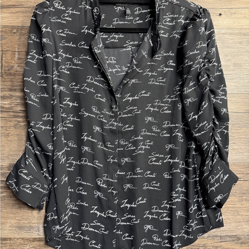 White House Black Market Black Script Blouse AS IS